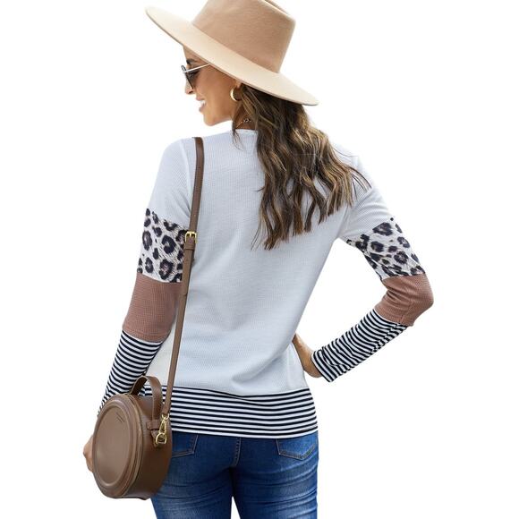 Brown Stripes Leopard Splicing Colorblock Long Sleeve Top New Sizes S-2XL - Picture 3 of 5